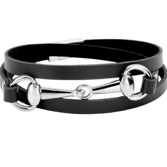 🌸Silver Tone Leather Horse Bit Bracelet Black or Brown - Picture 2 of 6